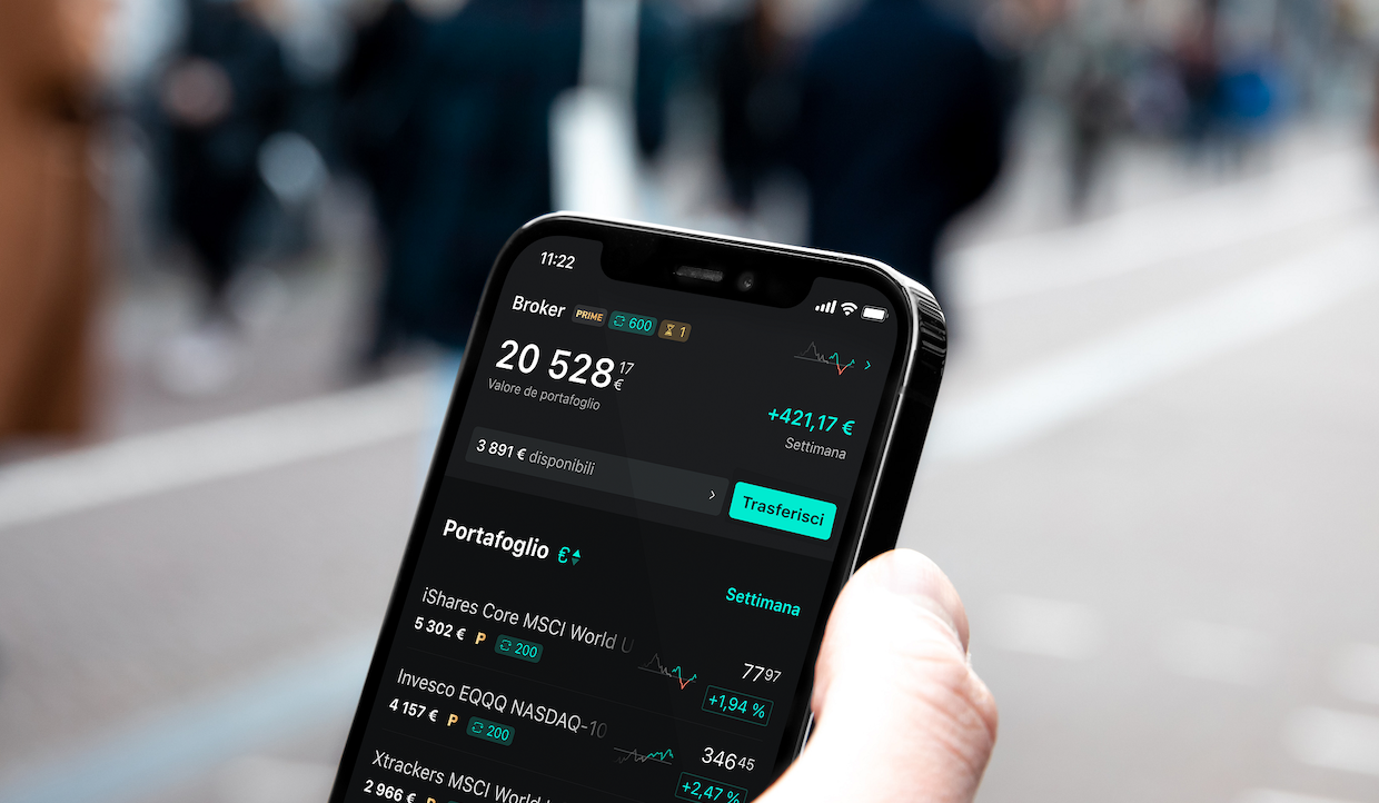 Una mano regge uno smartphone che visualizza un'app finanziaria in italiano, mostrando un saldo di portafoglio di 20.528,17 euro e fondi azionari con guadagni positivi in verde. Sullo sfondo, persone sfocate camminano in una strada cittadina.