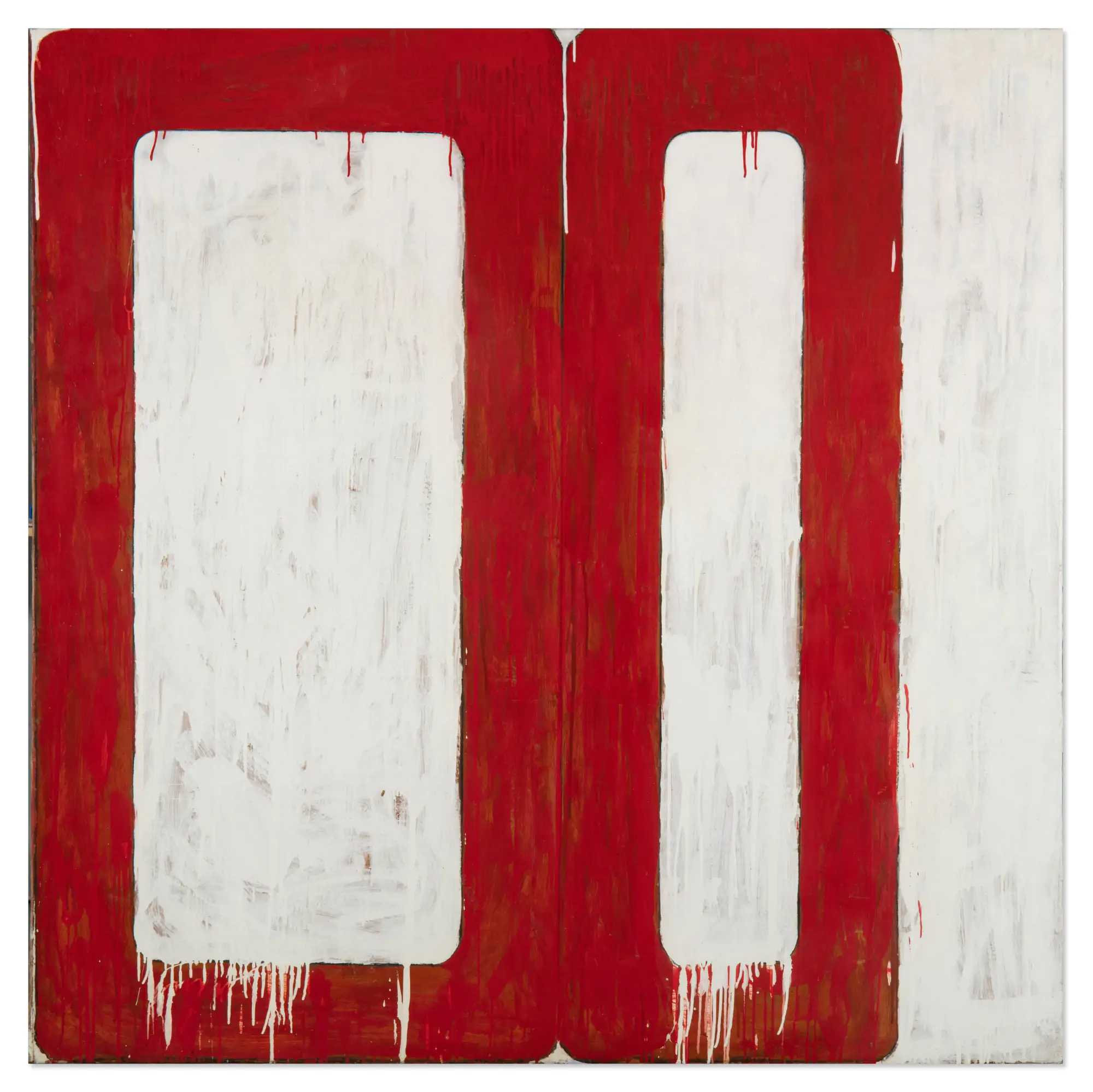 Quadro astratto con due grandi rettangoli verticali rossi dai bordi arrotondati su sfondo bianco, che ricorda le opere del catalogo di Mario Schifano. La vernice rossa cola ai bordi e le pennellate bianche riempiono gli spazi interni.