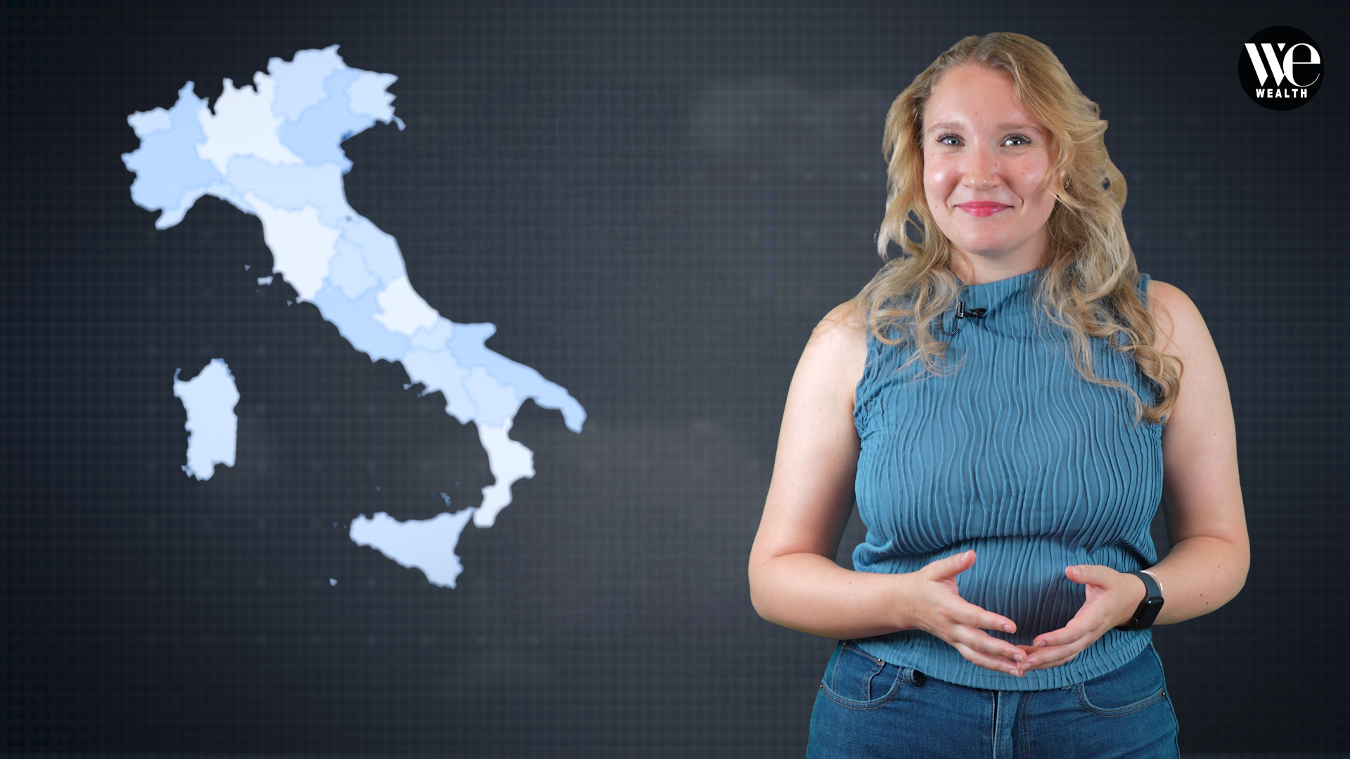 A woman stands smiling in front of a large map of Italy shown in various shades of blue, with the "We Wealth" logo in the top right corner on a dark background.