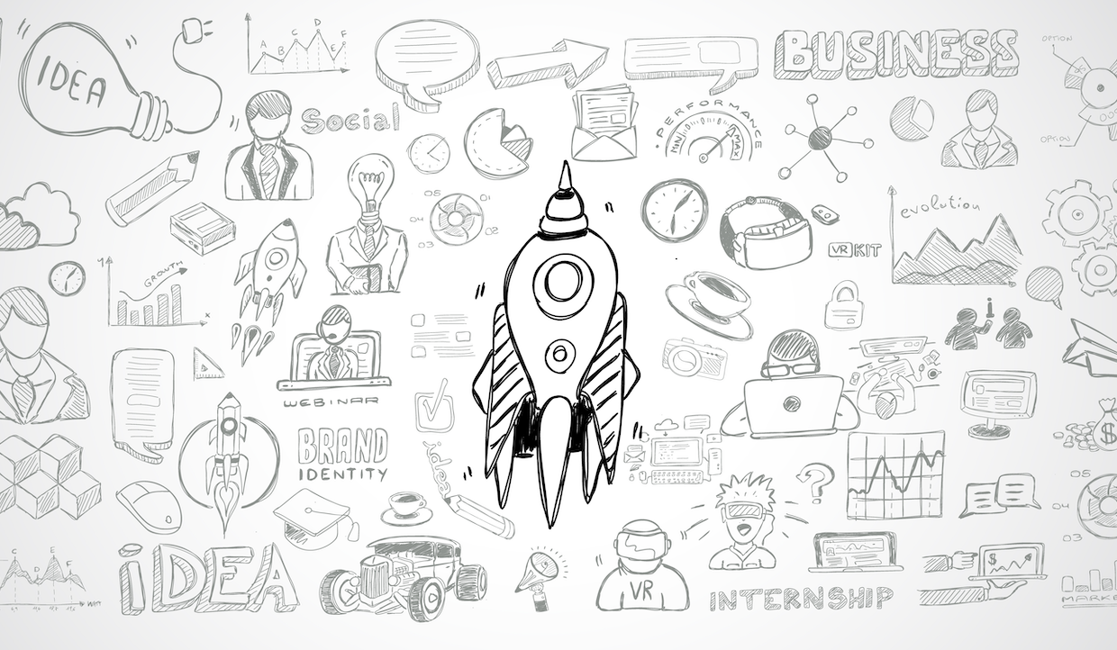 Black and white illustration of a rocket launching amid hand-drawn business-themed doodles, including light bulbs, graphs, a handshake, gears, laptops, and words like “business,” “idea,” “internship,” and “brand identity.”.
