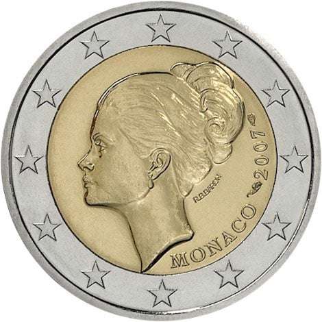 Moneta rara da due euro del Principato di Monaco 2007, con il ritratto di profilo di una donna con i capelli raccolti in uno chignon, circondato da stelle lungo il bordo e le iscrizioni "MONACO" e "2007" sul lato destro.