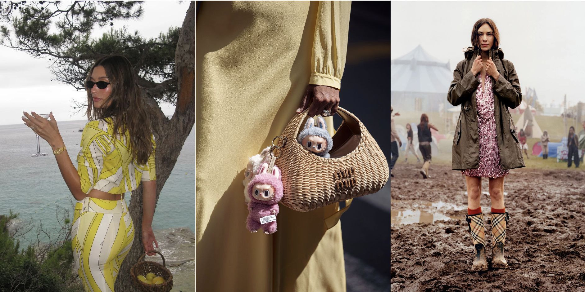 Tre donne alla moda: la prima in abito giallo a righe in riva al mare con in mano un cestino, la seconda in abito giallo con in mano una borsa intrecciata con portachiavi di peluche, la terza in abito rosa e stivali da pioggia in piedi in un campo fangoso.