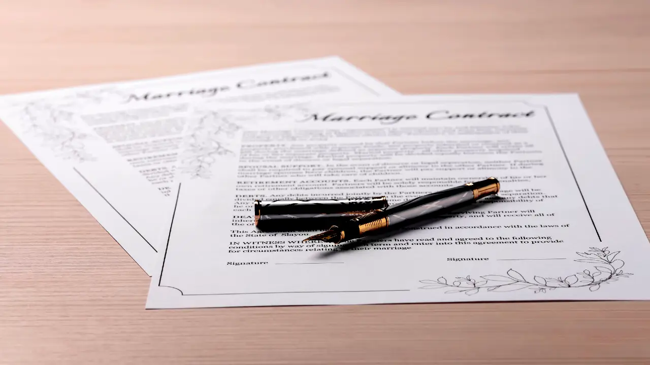 Due documenti di contratto di matrimonio con bordi decorativi e due penne nere e oro appoggiate sopra, appoggiate su una superficie di legno chiaro.