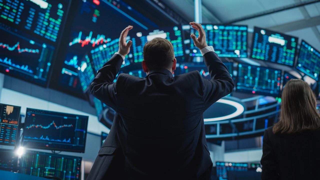 Una persona in giacca e cravatta alza le braccia mentre guarda grandi schermi digitali del mercato azionario pieni di grafici e numeri, suggerendo eccitazione o frustrazione in un'affollata sala di trading finanziario piena di esperti di banche.