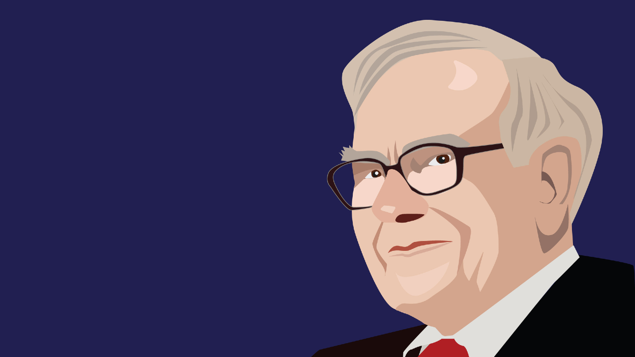 Illustrazione di un uomo anziano che assomiglia a Buffett, con capelli grigi, occhiali e un abito con cravatta rossa, su uno sfondo blu scuro. L'uomo è rivolto leggermente a sinistra.
