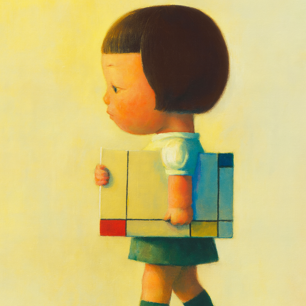 Un bambino con i capelli corti e castani, che indossa una camicia bianca e una gonna verde, cammina tenendo in mano un oggetto rettangolare con un disegno geometrico ispirato a Mondrian, caratterizzato da blocchi di linee rosse, gialle, blu e nere.