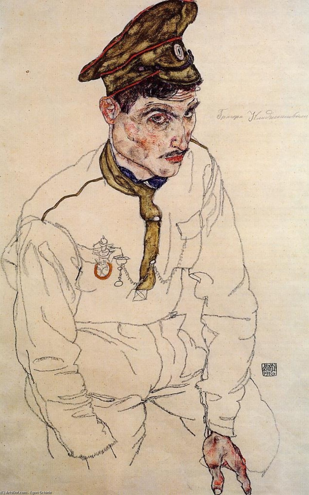 Ritratto disegnato di un uomo in uniforme militare leggera e berretto, seduto con le mani sulle ginocchia. La sua uniforme ha delle medaglie e lo sguardo è rivolto verso l'alto con un'espressione seria. Lo sfondo è semplice e chiaro.