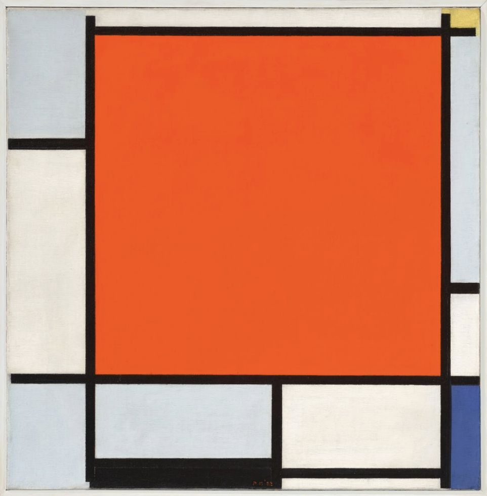 Quadro astratto con un grande quadrato arancione al centro, delimitato da linee nere con rettangoli e quadrati più piccoli in bianco, blu, giallo e grigio chiaro: uno stile diffuso tra gli artisti più venduti del 2025.