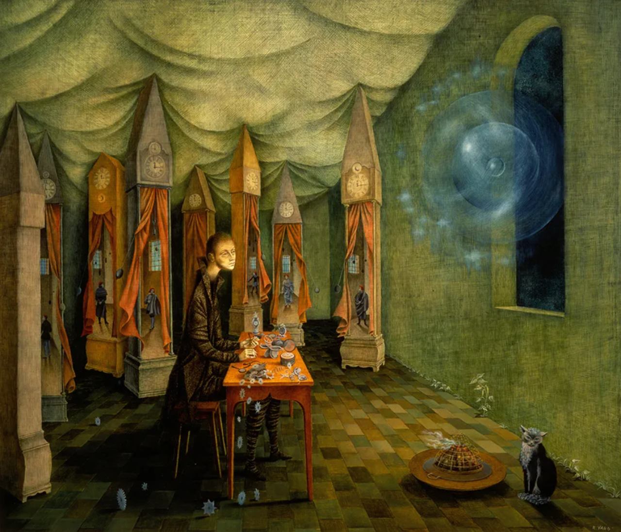 Un dipinto di ispirazione surrealista raffigura una persona a un tavolo con strumenti scientifici, circondata da torri simili a orologi. In questo mercato dell'arte, un gatto guarda una torta mentre un globo blu incandescente fluttua accanto alla finestra della stanza tappezzata di verde.