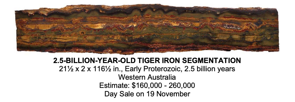 Una lunga fetta orizzontale di roccia di ferro tigrato con bande stratificate di colore marrone, rosso, oro e nero. Il testo sottostante lo descrive come un esemplare di 2,5 miliardi di anni fa proveniente dall'Australia occidentale e destinato all'asta phillips.