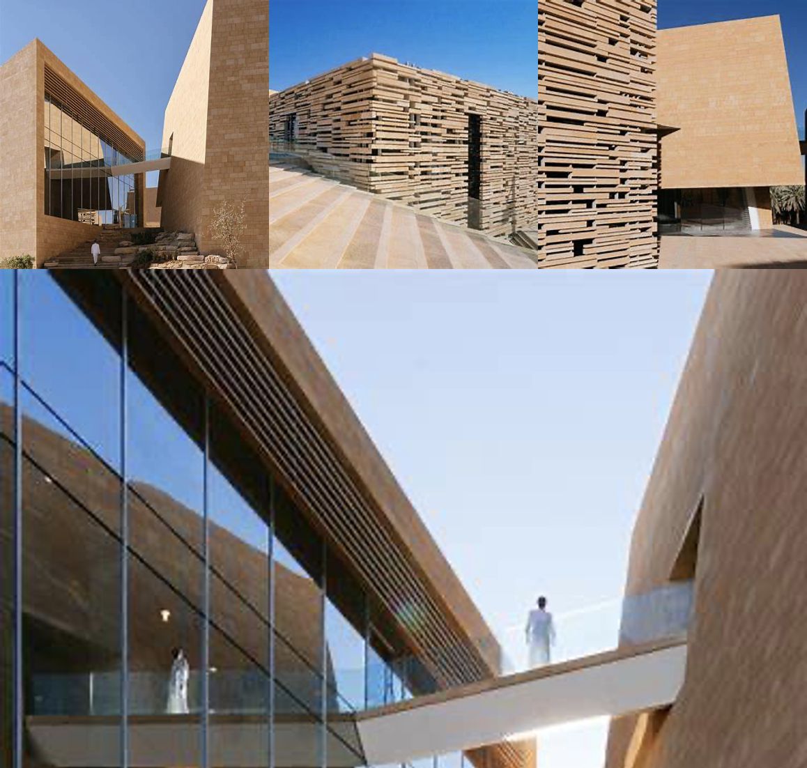 Collage di edifici moderni in pietra abbronzata con forme geometriche e linee orizzontali, che ricordano l'architettura contemporanea dell'Arabia Saudita, con grandi finestre di vetro e una persona su un ponte di vetro sotto un cielo azzurro.