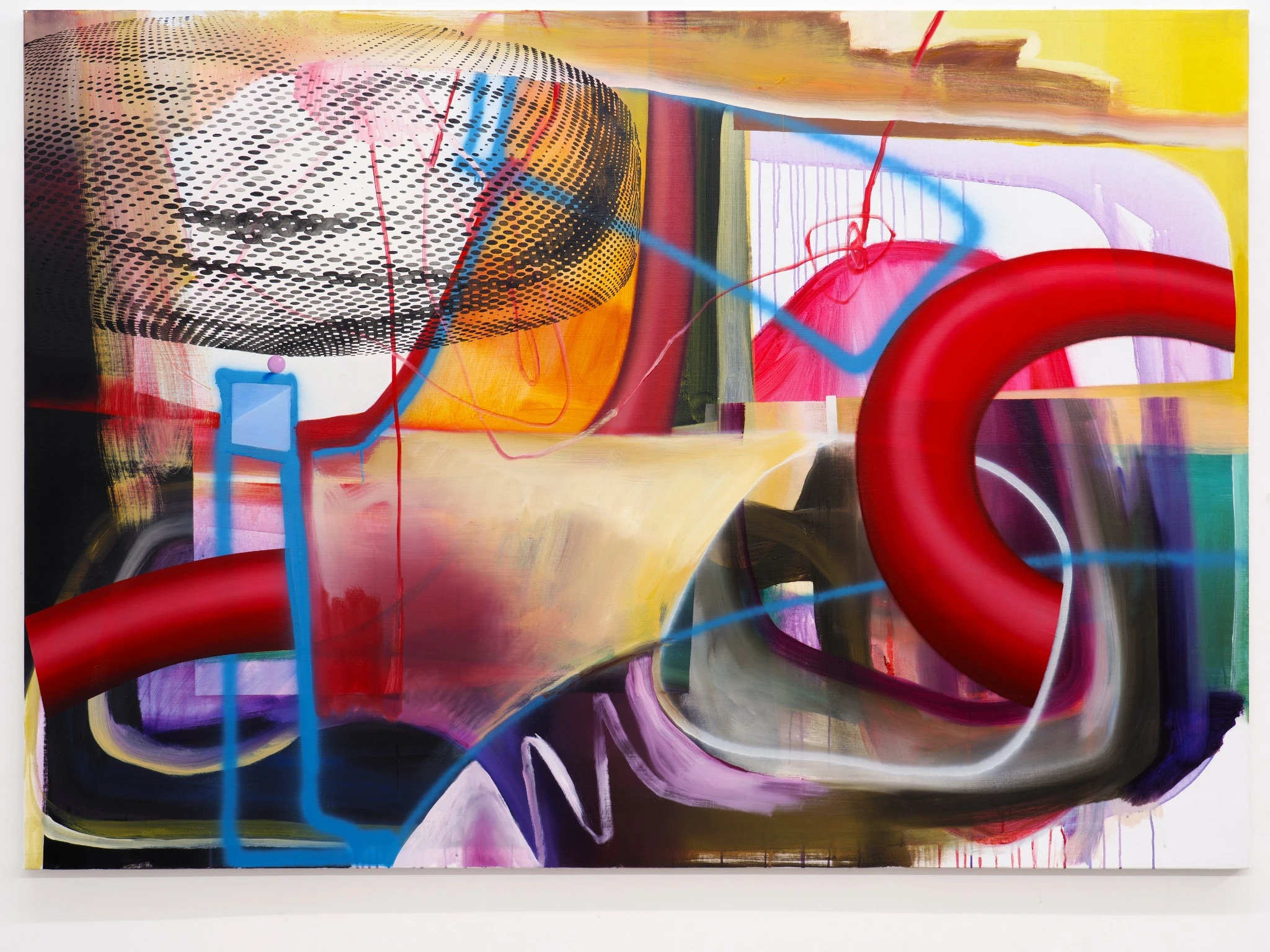 Quadro astratto con audaci curve rosse, linee blu e forme geometriche stratificate nei toni del nero, giallo, viola e rosa. Le pennellate dinamiche e i motivi sovrapposti infondono movimento ed energia alla composizione ispirata all'asta TOG.