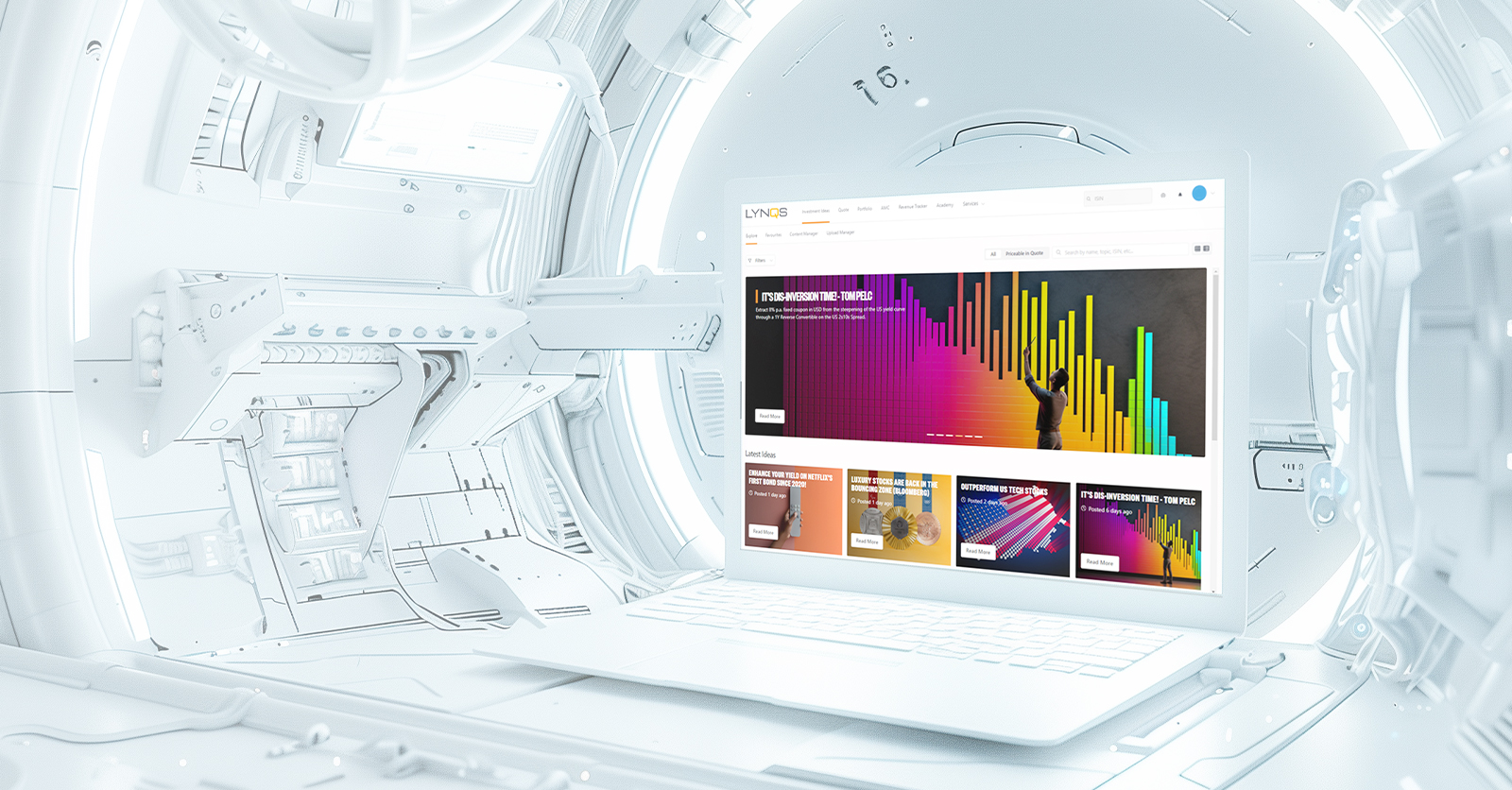 Una stanza bianca e futuristica con un grande computer portatile aperto che visualizza un sito web colorato su leonteq certificati investimento, pieno di grafici e diagrammi. L'ambientazione high-tech è caratterizzata da elementi meccanici e luminosi fantascientifici.