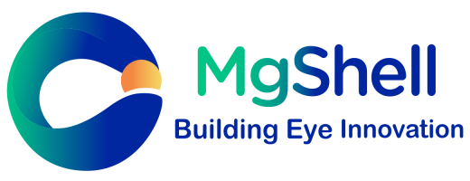 Logo di MgShell caratterizzato da un disegno circolare blu e verde con un punto arancione, accanto al testo "MgShell" in verde e blu e alla tagline "Building Eye Innovation" in blu.