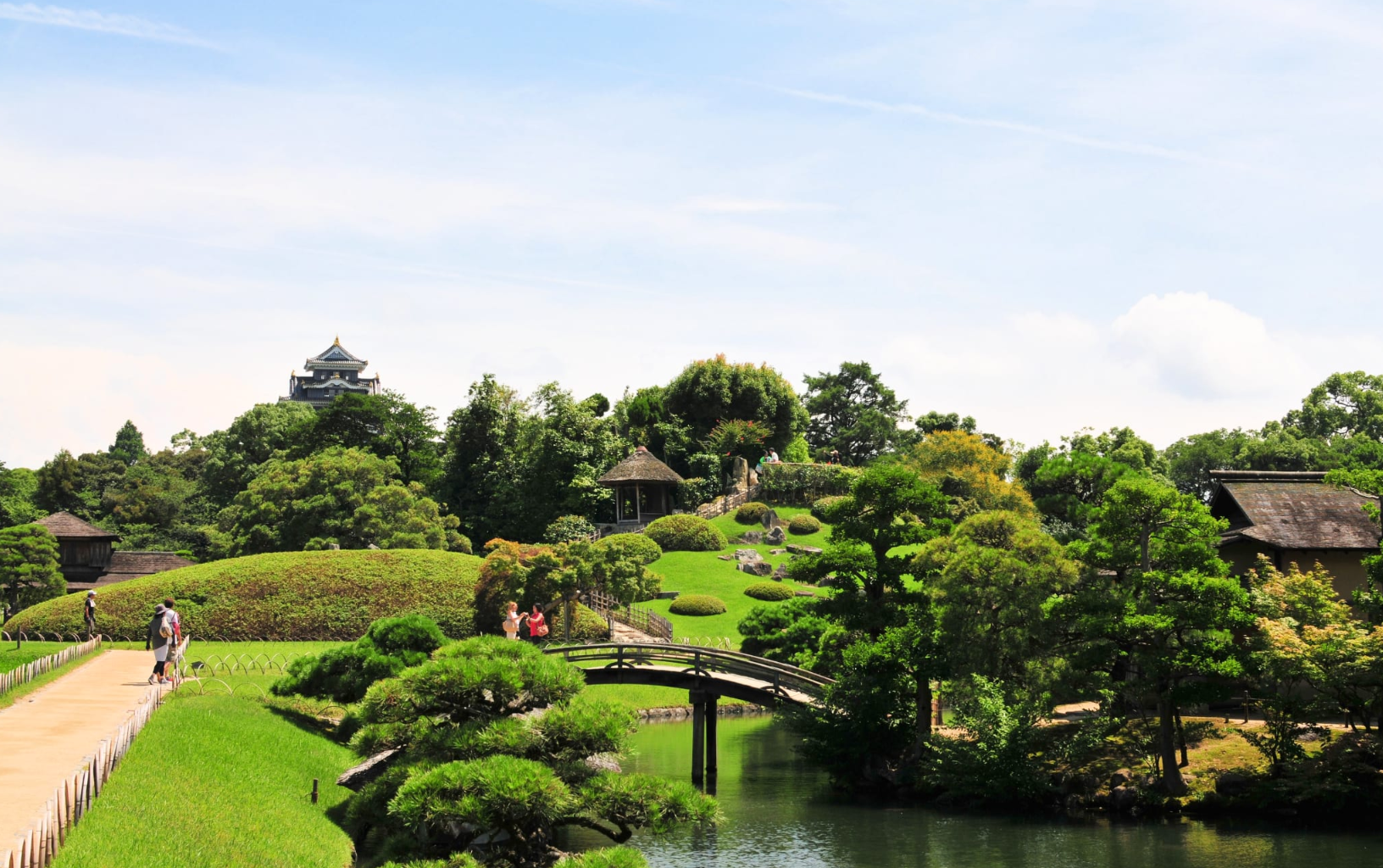 Un lussureggiante giardino giapponese con verde curato, un ponte di legno su uno stagno, sentieri e un castello tradizionale sullo sfondo, sotto un cielo azzurro brillante. Le persone passeggiano lungo i sentieri.
