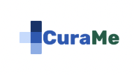 Logo con quattro rettangoli blu che formano una croce a sinistra del testo "CuraMe". "Cura" è in blu, "Me" in verde, entrambi in grassetto su sfondo bianco.