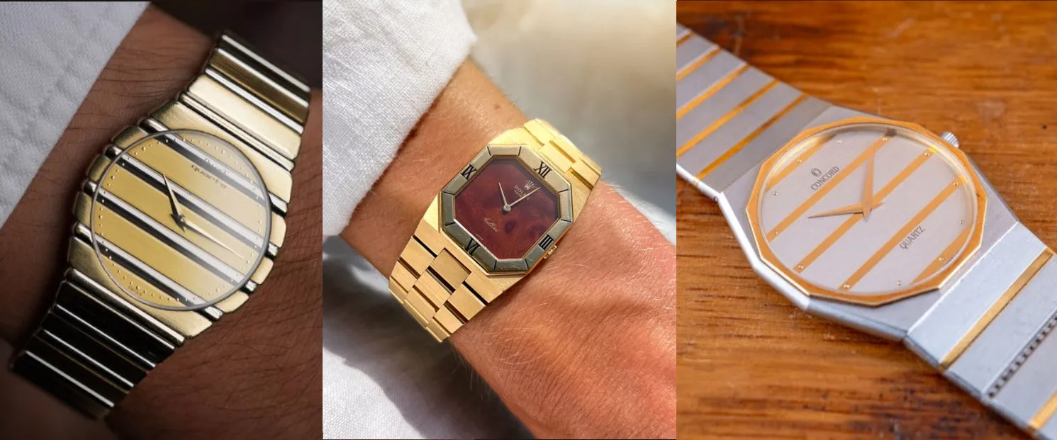 Sono mostrati tre distinti orologi Omega con design a righe oro e argento: due al polso (a sinistra e al centro) e uno appoggiato su una superficie di legno (a destra). Ogni orologio presenta un quadrante e una cassa unici.