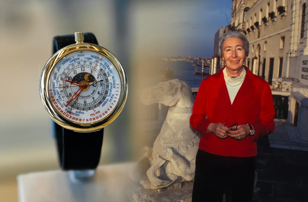 A sinistra, un primo piano di un orologio da polso di design orologi world time con cinturino nero. A destra, una donna anziana con una giacca rossa si trova davanti a una statua di leone in pietra, vicino a un lungomare e a edifici storici.