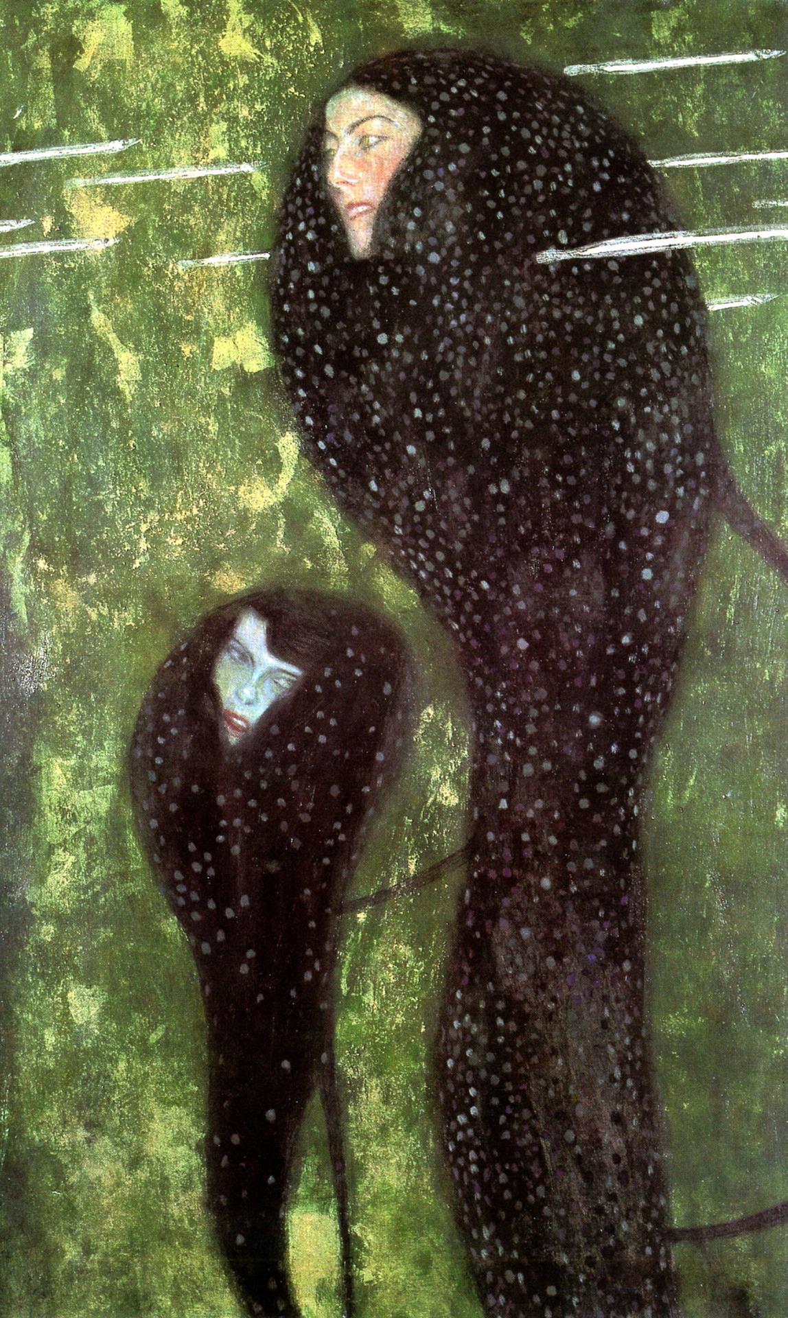 Due figure femminili allungate e spettrali, dal volto pallido e dai lunghi capelli scuri punteggiati di punti bianchi, fluttuano su uno sfondo verde strutturato in una scena onirica ed eterea di ispirazione klimtiana.