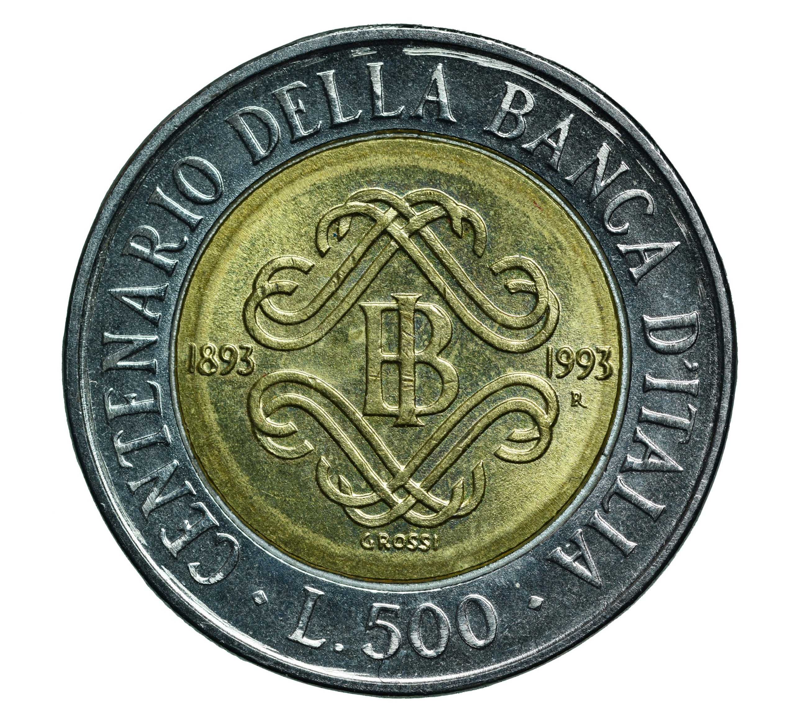 Moneta commemorativa italiana da 500 lire della serie delle monete commemorative, con "Centenario della Banca d'Italia", date 1893-1993, monogramma della Banca d'Italia e intricati motivi decorativi al centro.