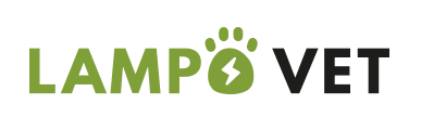 Logo di "LAMPOVET" con "LAMP" in verde e "VET" in nero. La "O" è un'impronta di zampa verde con un simbolo di fulmine al centro, che rappresenta un'attività veterinaria o legata agli animali domestici.
