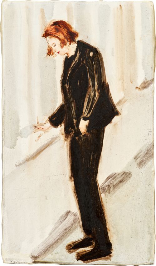 Il dipinto raffigura una persona dai corti capelli rossi, vestita con un abito nero, che guarda in basso con una mano tesa. Lo sfondo leggero e astratto, nei toni del beige e del grigio, evoca la raffinata eleganza di Sotheby's Italia.