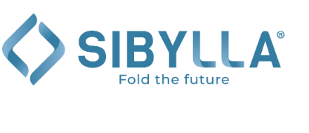 Logo Sibylla con una forma astratta di diamante blu a sinistra e la scritta "SIBYLLA Fold the future" in blu a destra.
