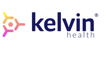Logo di Kelvin Health con il disegno di una molecola esagonale colorata a sinistra e il nome dell'azienda "kelvin health" in testo blu a destra.