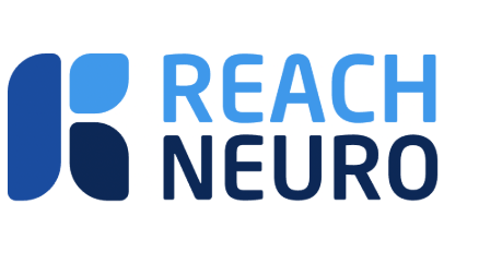 Logo di Reach Neuro, caratterizzato da un disegno astratto stilizzato di colore blu a sinistra e dalla scritta "REACH NEURO" in lettere maiuscole blu in grassetto a destra.