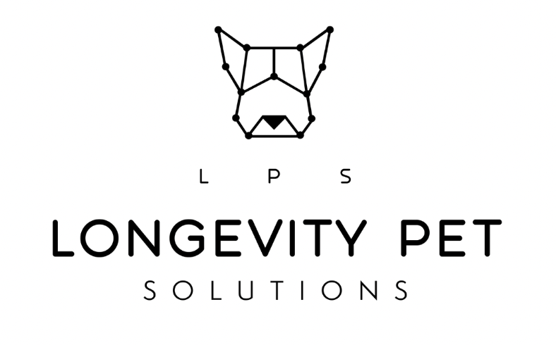 Logo per Longevity Pet Solutions. Sopra il nome c'è il profilo geometrico e minimalista del muso di un cane, fatto di punti e linee collegate. Le iniziali "LPS" si trovano sotto la grafica, sopra il nome dell'azienda.