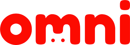 La parola "omni" è scritta in grassetto, con lettere minuscole rosse arrotondate. Le due linee di lettere "m" si curvano verso il basso, creando una forma che ricorda un volto sorridente con due punti in basso come occhi.