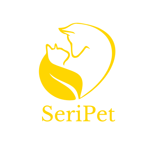 Un logo giallo che mostra le sagome di un gatto e di un cane che si fronteggiano, formando una forma di cuore. La parola "SeriPet" è scritta sotto di loro in giallo.
