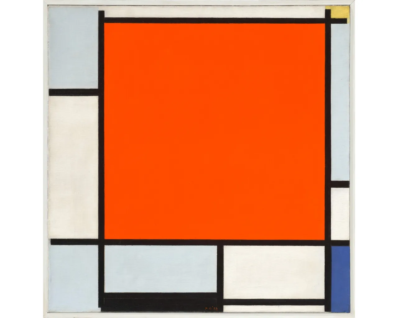 Quadro astratto con un grande quadrato rosso-arancio al centro, circondato da linee nere che formano rettangoli e quadrati in bianco, azzurro, giallo e blu scuro, nello stile di Piet Mondrian.
