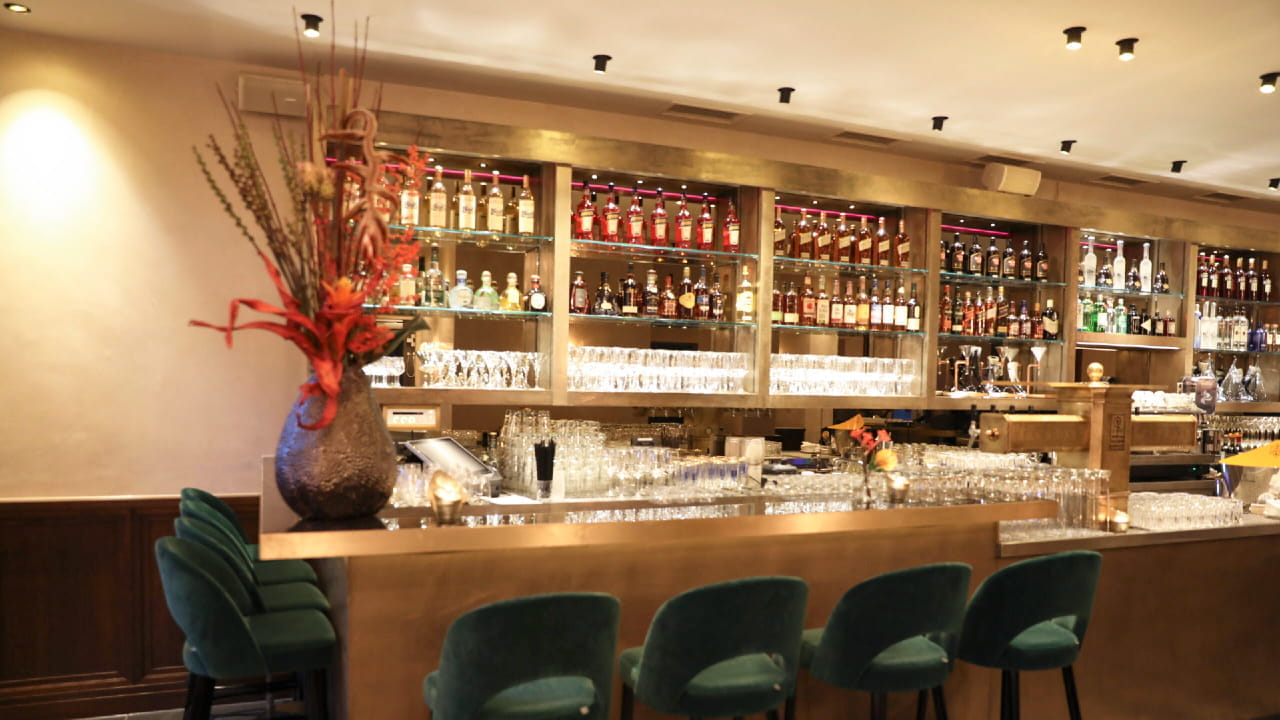 A modern bar with green velvet stools, a gold counter, shelves filled with bottles and glasses, and a large decorative vase with red and brown flowers on the bar. Warm lighting creates a cozy ambience.