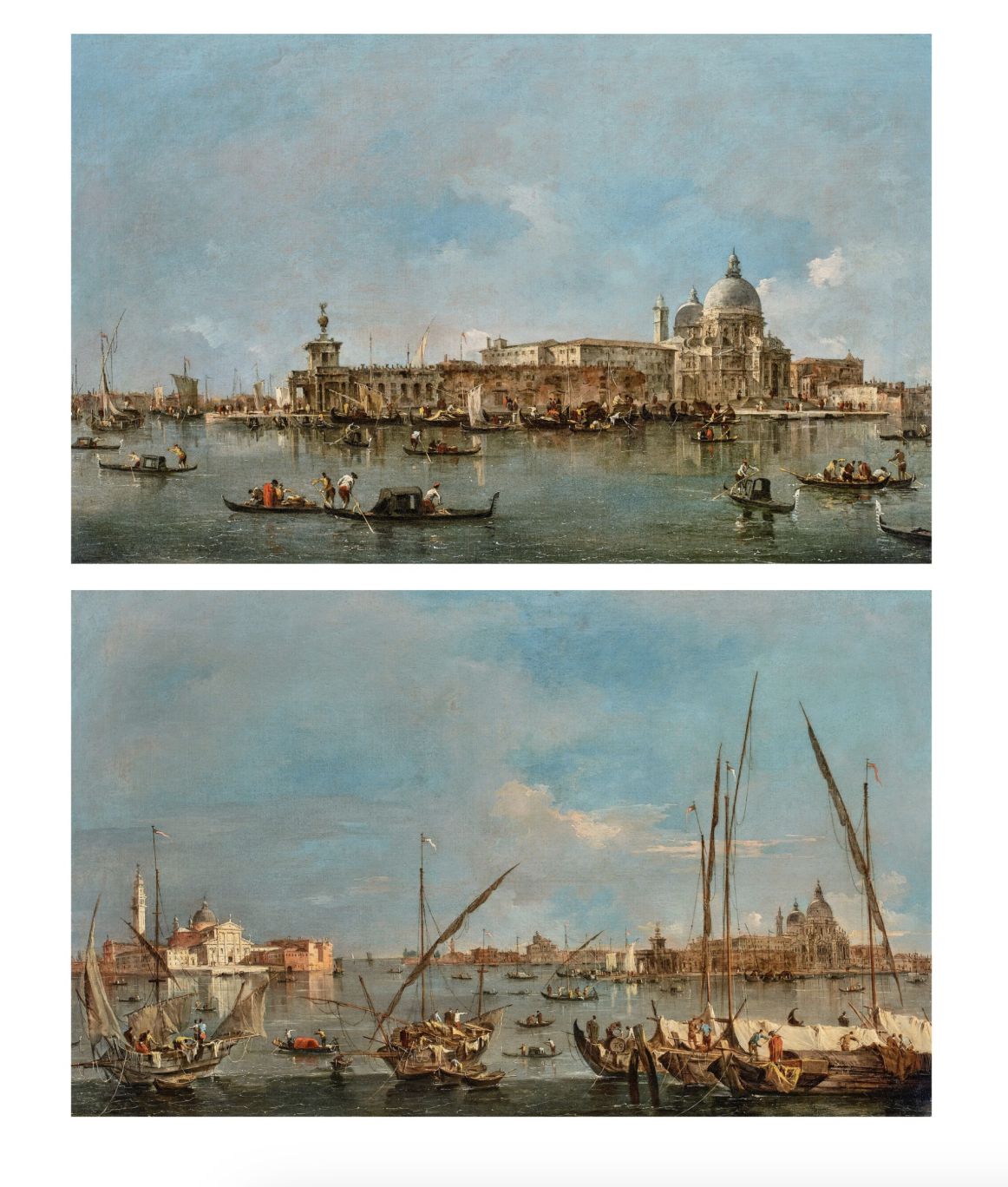 Due dipinti classici di Venezia mostrano barche e gondole sul Canal Grande, con edifici storici e cupole sullo sfondo sotto un cielo azzurro e limpido.