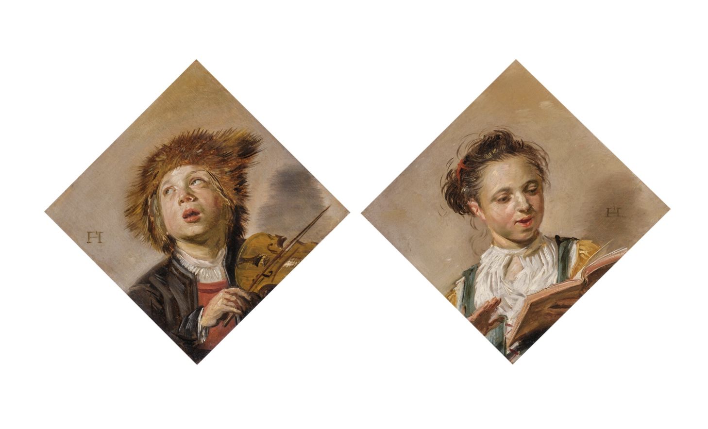 Due ritratti a forma di diamante: a sinistra, un giovane con un cappello di pelliccia tiene un violino e guarda verso l'alto; a destra, un altro giovane in abiti d'epoca legge da un libro di musica, entrambi su sfondi neutri.