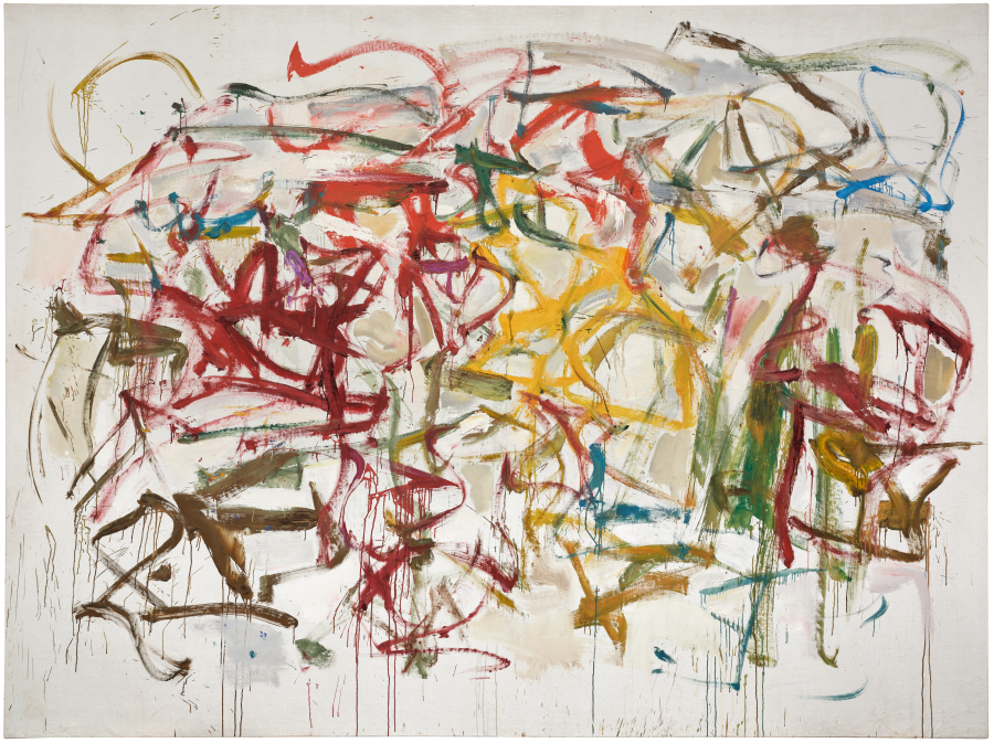 Pittura astratta con pennellate energiche e vorticose in rosso, giallo, verde e marrone su sfondo bianco, con alcune colature e linee sovrapposte che suggeriscono movimento e caos.