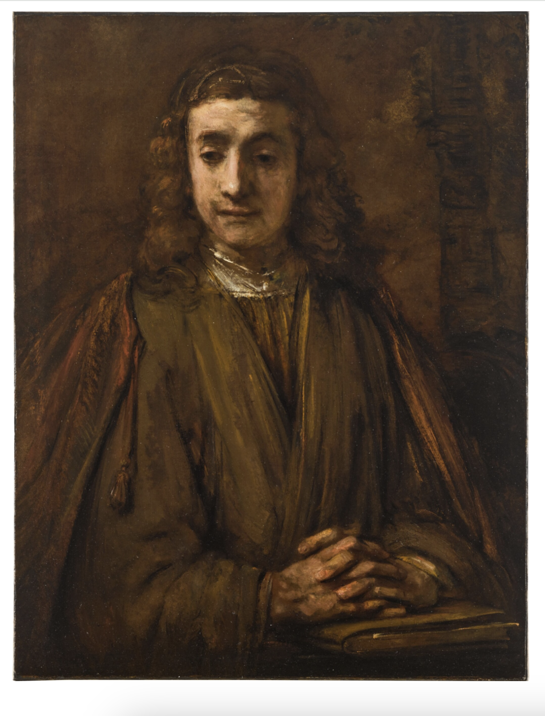 Un classico dipinto a olio raffigurante una persona con capelli lunghi e ondulati, che indossa una tunica marrone e stringe le mani su un libro chiuso, guardando pensosamente di lato su uno sfondo scuro.