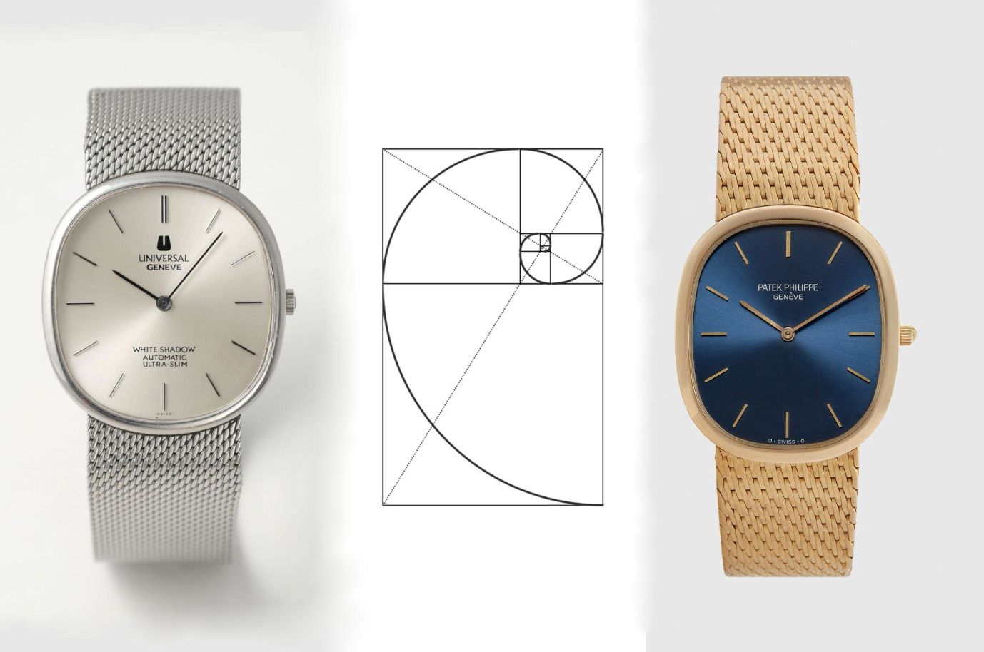 Due orologi da polso di lusso affiancano un diagramma a spirale del rapporto aureo. L'orologio di sinistra ha un cinturino in maglia argentata e il quadrante bianco, mentre quello di destra ha un cinturino in maglia dorata e il quadrante blu. Entrambi hanno un design minimale e ovale.