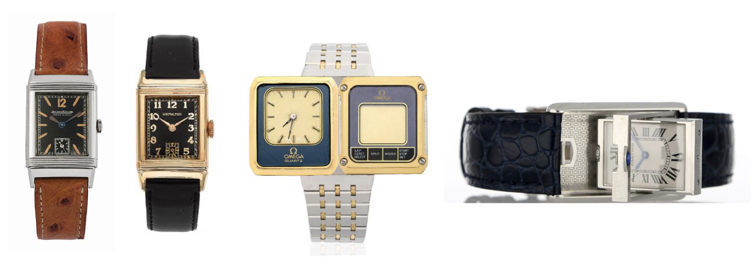 Vengono mostrati quattro orologi da polso vintage: due orologi rettangolari con cinturino in pelle, un orologio Omega a doppia faccia con cinturino in metallo e un orologio con cassa incernierata che ne rivela l'interno.