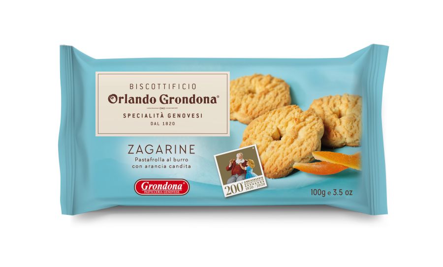 Viene mostrata una confezione azzurra di biscotti Orlando Grondona Zagarine del Biscottificio Grondona, con immagini di tre biscotti e fette d'arancia. L'etichetta riporta informazioni sul prodotto in italiano e il logo Grondona.