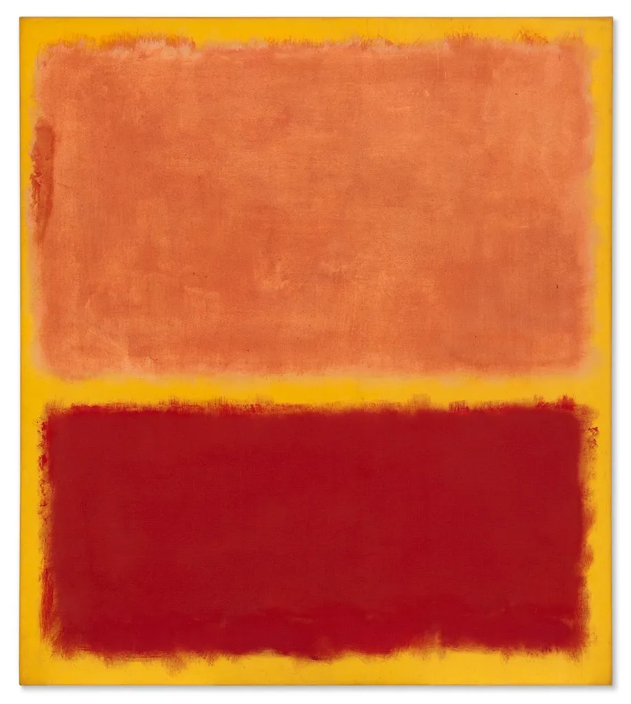 Quadro astratto con due grandi rettangoli sfocati, uno arancione e uno rosso intenso, impilati verticalmente su uno sfondo giallo. Questo pezzo cattura l'essenza dell'arte impressionista moderna con i suoi bordi morbidi e irregolari e i suoi campi di colore espressivi.