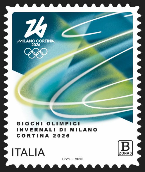 Francobollo con il logo delle Olimpiadi invernali di Milano Cortina 2026, gli anelli olimpici e vortici astratti blu, verdi e gialli, con testo in italiano e "ITALIA" in basso.