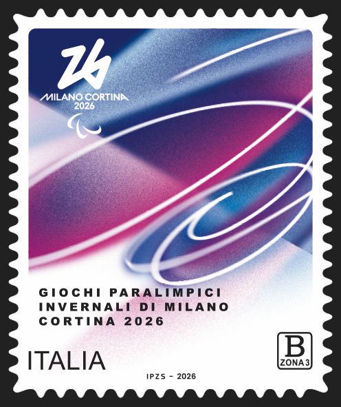 Un francobollo per le Paralimpiadi Invernali di Milano Cortina 2026 presenta linee dinamiche blu, rosa e bianche, il logo dell'evento e il testo in italiano "Giochi Paralimpici Invernali di Milano Cortina 2026".