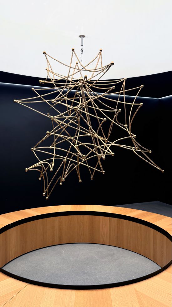 Una scultura d'arte moderna fatta di aste sottili che si intersecano pende dal soffitto sopra una panca di legno circolare che circonda un pavimento grigio, su uno sfondo scuro e minimalista.