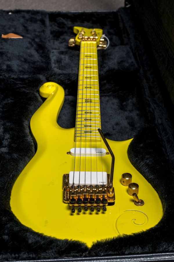Una chitarra elettrica di colore giallo brillante, con un corpo dalla forma unica e sinuosa e hardware dorato, racchiusa in una custodia nera foderata di velluto. Perfetta per qualsiasi collezione rock, si distingue per il corno inferiore ornato e l'accattivante whammy bar.