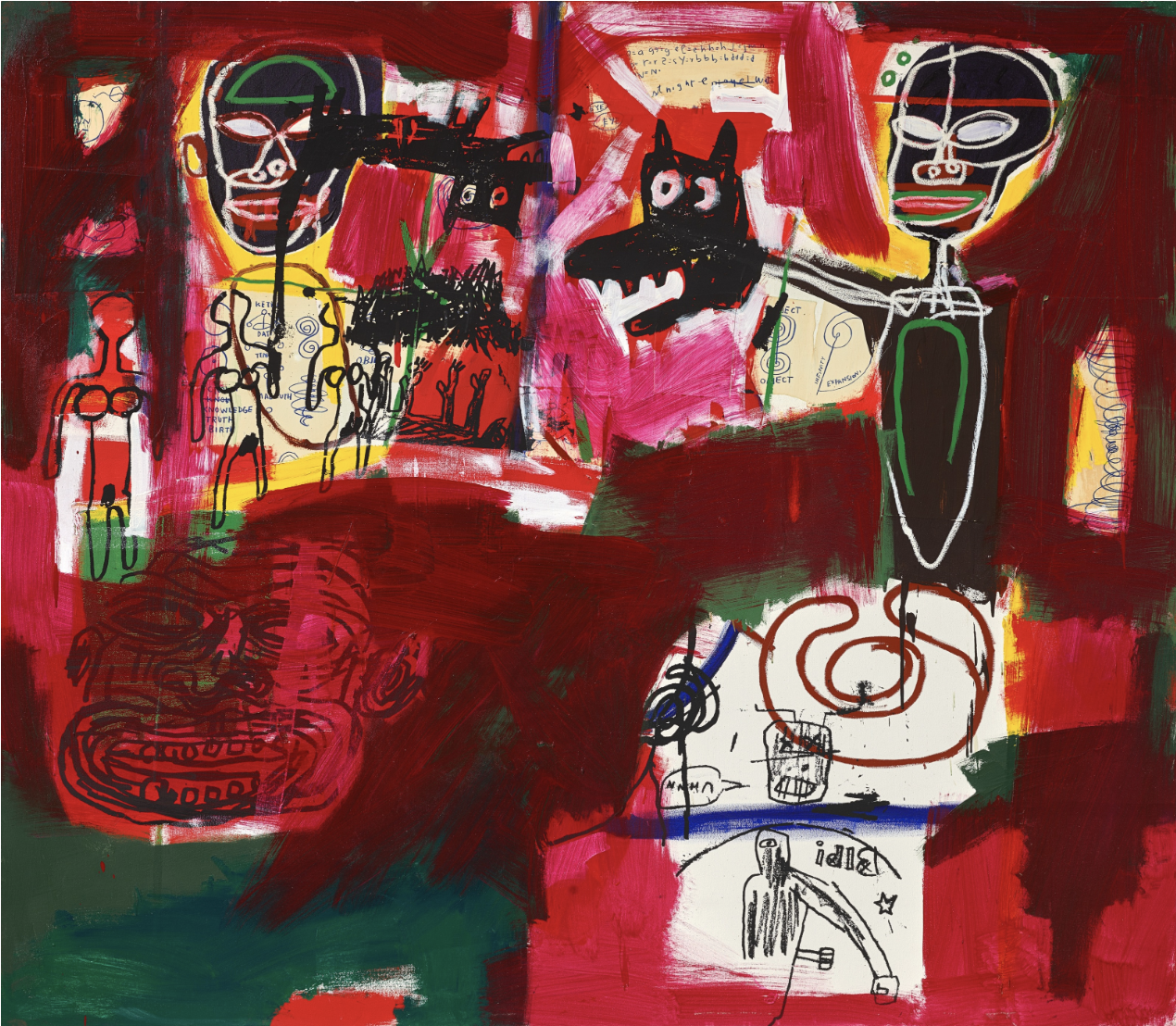 La pittura astratta con audaci colori rossi, rosa, gialli, verdi e neri raffigura volti umani distorti, un cane e forme astratte, evocando lo spirito caotico ed espressivo dell'arte contemporanea 2025.