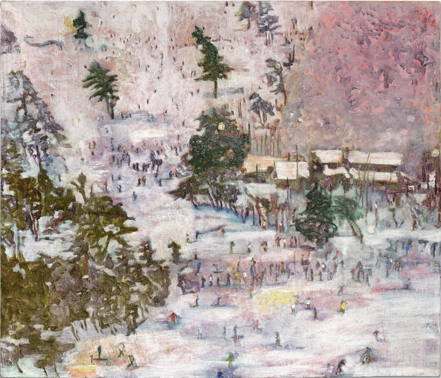 Quadro in stile impressionista di un paesaggio innevato con molte piccole figure che sciano o pattinano, in stile arte contemporanea 2025. Sullo sfondo appaiono pini ed edifici rustici, circondati da una foschia invernale rosata.