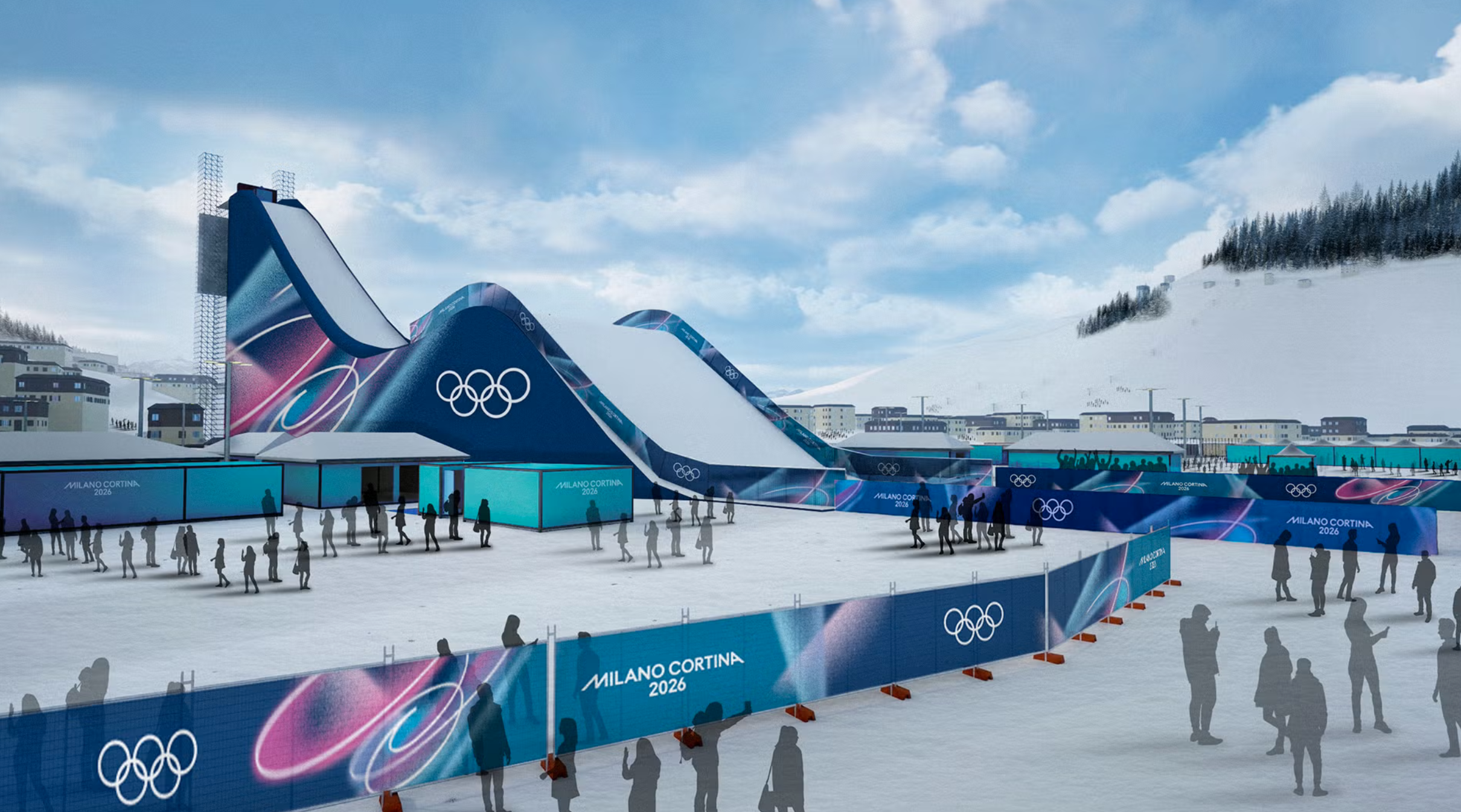 Un impianto olimpico innevato presenta un grande trampolino per il salto con gli anelli olimpici, circondato da striscioni con la scritta "Milano Cortina 2026". Persone in silhouette, alcune delle quali parlano dell'influenza di Lugano sugli sport invernali, camminano e si riuniscono sotto un cielo parzialmente nuvoloso.