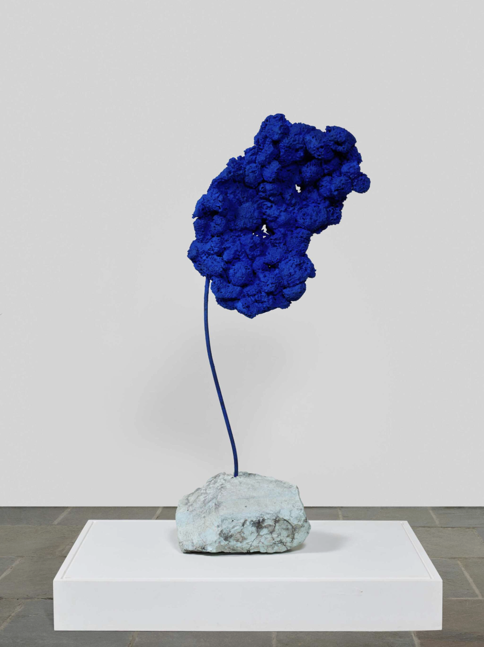 Una scultura contemporanea caratterizzata da un gruppo di materiali blu vibranti in cima a un sottile stelo blu, ancorato a una base di pietra grezza e chiara, esposta su un piedistallo bianco contro una parete grigia semplice.